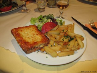 Croque-monsieur (grilled ham and cheese sandwich) and french fries